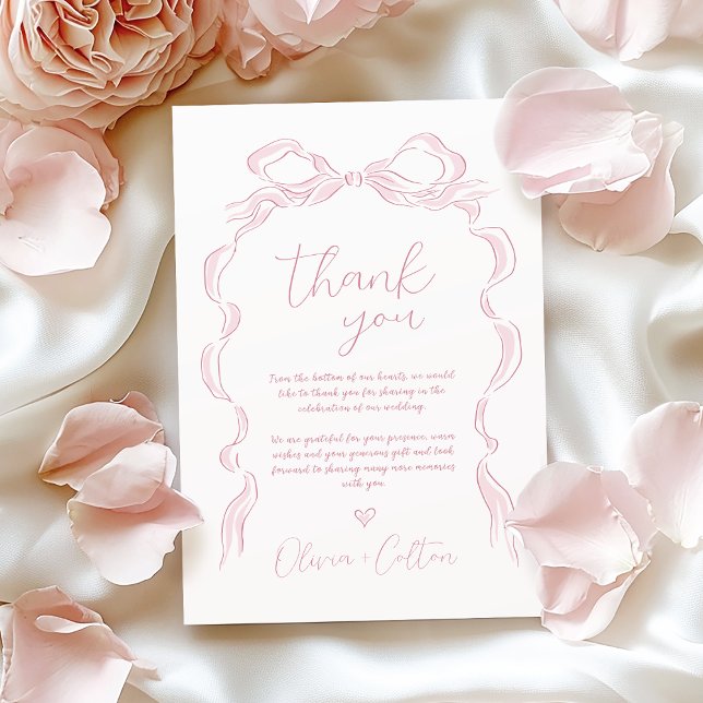 Elegant Pastel Rosa Hand plockade Bow Bröllop Tack Kort (Elegant Pastel Pink Hand Drawn Bow Wedding Thank You Card)