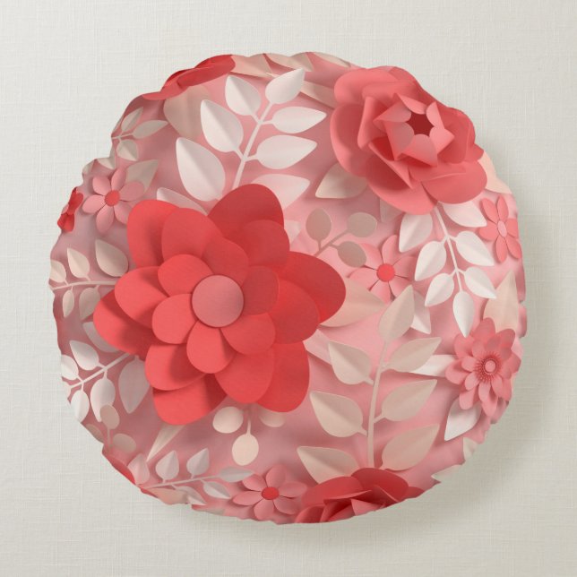 Elegant Pastel Rosa Papper Flowers Round Pillow Rund Kudde (Framsidan)