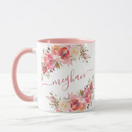 Elegant Pastel Rosa Peach Ro Blommigt Monogram Mu Mugg