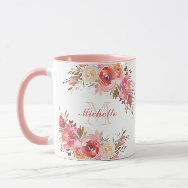 Elegant Pastel Rosa Peach Ro Blommigt Monogram Mugg (Vänster)