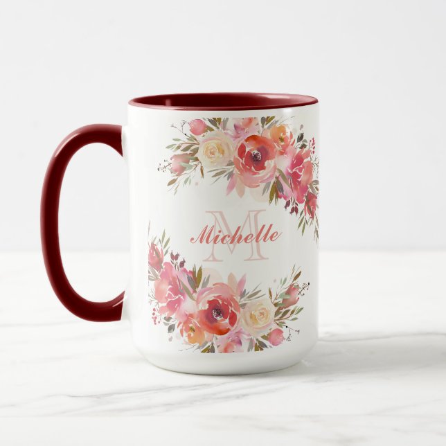 Elegant Pastel Rosa Peach Ro Blommigt Monogram Mugg (Vänster)