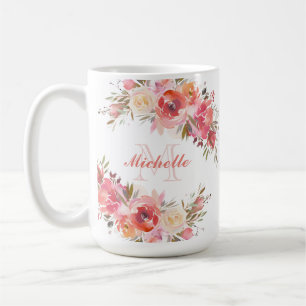 Elegant Pastel Rosa Peach Ro Blommigt Namn Kaffemugg