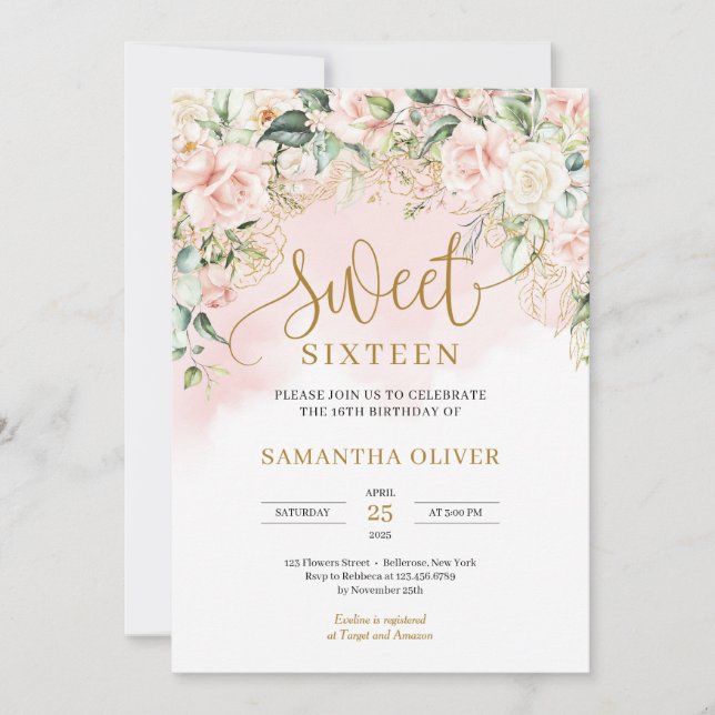 Elegant, pastel rosa ros sweet sixteen inbjudningar (Framsida)