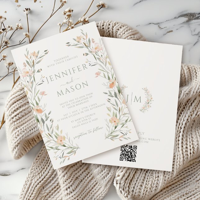 Elegant Pastel Rosa Wildblomme Greenery Bröllop QR Inbjudningar (Skapare uppladdad)
