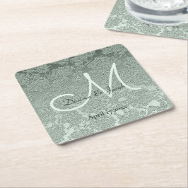 Elegant Pastel Sage Grönt Bröllop Monogram Underlägg Papper Kvadrat
