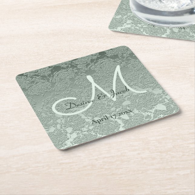 Elegant Pastel Sage Grönt Bröllop Monogram Underlägg Papper Kvadrat (Vinklad)