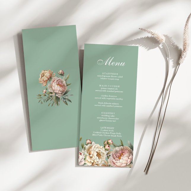 Elegant Pastel Sage Grönt  Rosa Peonies Meny (Elegant Pastel Sage Green Blush Pink Peonies Menu on a sunny white table.)