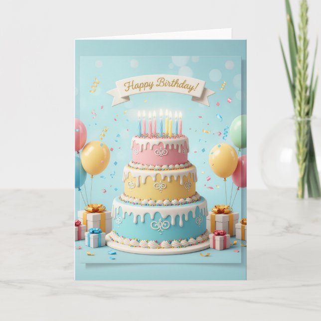 Elegant Pastel Tier Cake – Happy Birthday Card Kort (Framsida)