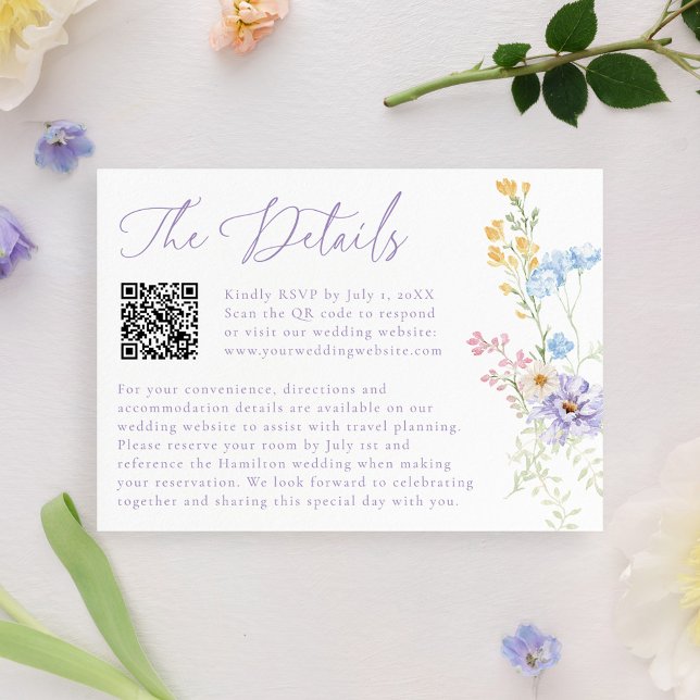 Elegant Pastel Wildflower QR Code Wedding Details Tilläggskort (Skapare uppladdad)