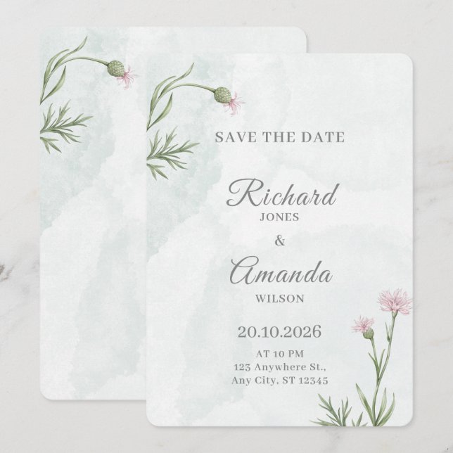 Elegant Pastell Akvarell Blommig Bröllop Spara Datumet (Fram/baksida)