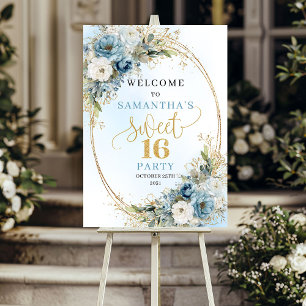 Elegant Pastell Blå Grönska Sweet 16 Välkomstaffis Poster