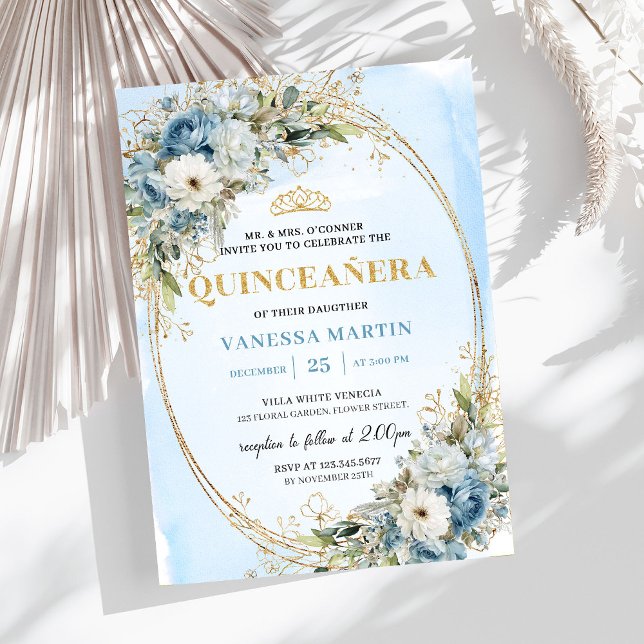 Elegant Pastell Blå Guld Eukalyptus Quince Inbjuda Inbjudningar (Chic Pastel Blue Gold Eucalyptus Quince Invitation)