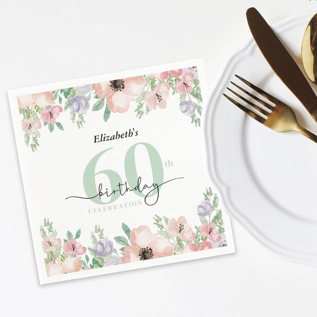 Elegant Pastell Blommig 60-års Födelsedagsfest Pappersservett (Skapare uppladdad)