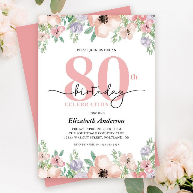 Elegant Pastell Blommig 80-årsfest Inbjudningar (Skapare uppladdad)
