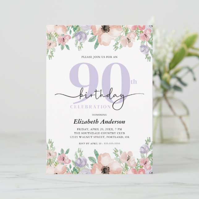 Elegant Pastell Blommig 90-årsdag Inbjudningar (Stående Fram)
