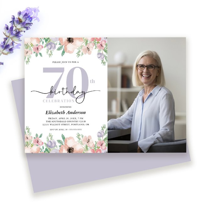 Elegant Pastell Blommig Foto 70-års Födelsedagsfes Inbjudningar (Skapare uppladdad)