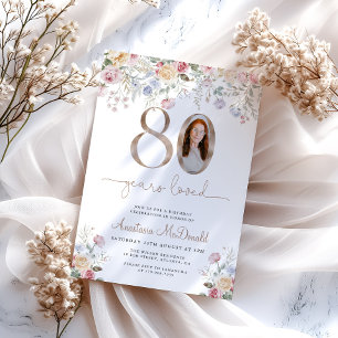 Elegant Pastell Blommig Foto 80-årsdag Inbjudningar