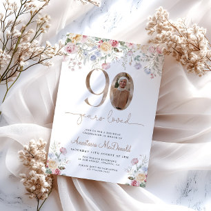 Elegant Pastell Blommig Foto 90-årsdag Inbjudningar