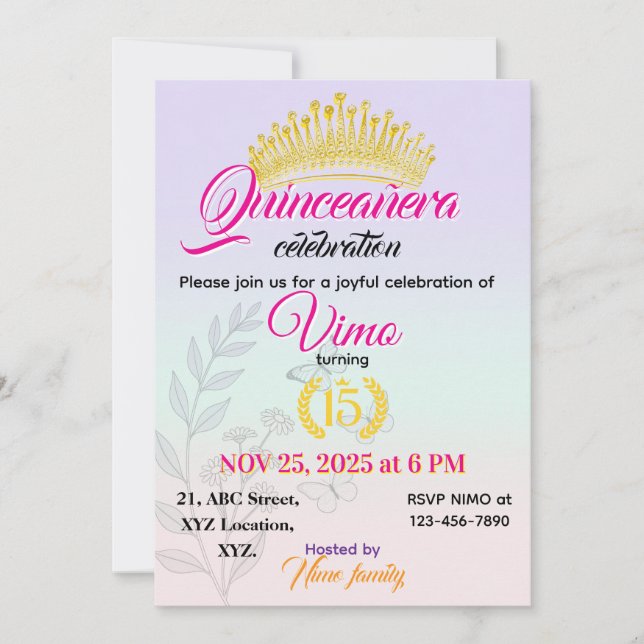 Elegant Pastell Botanisk Quinceañera Inbjudan (Framsida)