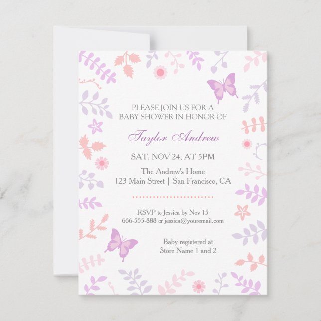 Elegant Pastell Fjäril Blommande Baby Shower Inbjudningar (Framsida)