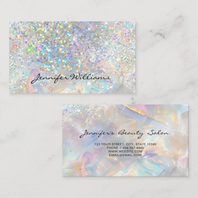 Elegant Pastell Holografisk Glitter Marmor Visitkort (Fram/baksida)