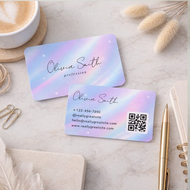 Elegant Pastell Holografisk Namn Design i Skriptst Visitkort (Skapare uppladdad)