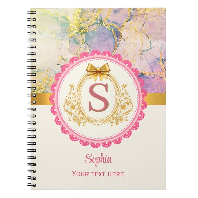 Elegant Pastell Marmor Rosa Guld Initial Monogram Anteckningsbok (Framsidan)