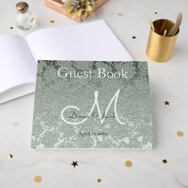 Elegant Pastell Salvia Grön Bröllopsmonogram Gästböcker (Framsida Öppen)