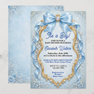 Elegant Pastellblå Båge Pojke Bebis Shower Inbjudningar