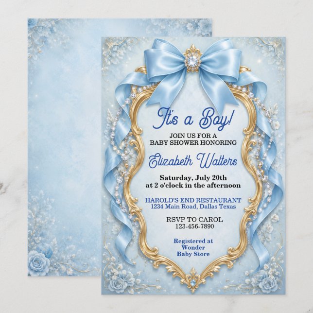 Elegant Pastellblå Båge Pojke Bebis Shower Inbjudningar (Fram/baksida)