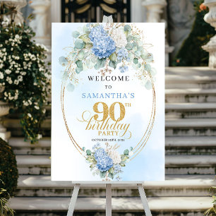 Elegant Pastellblå Blommig Guld 90-års Födelsedags Poster