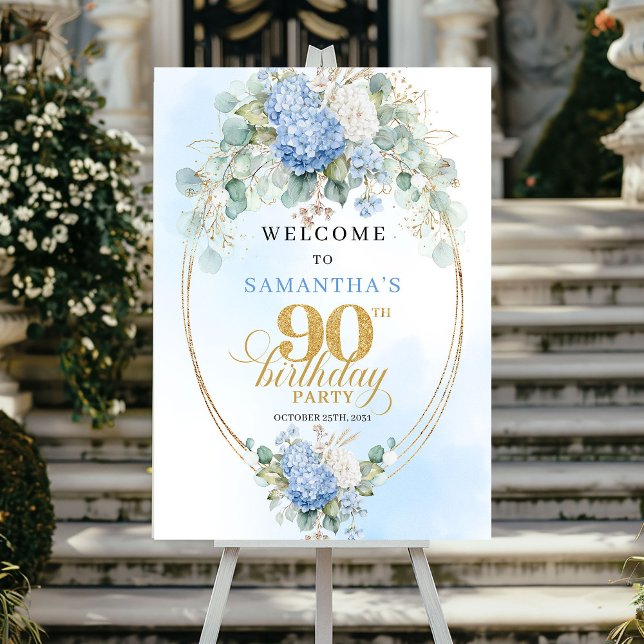 Elegant Pastellblå Blommig Guld 90-års Födelsedags Poster (Elegant Pastel Blue Floral Gold 90th Birthday Welcome)