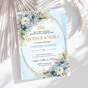 Elegant Pastellblå Guld Eukalyptus Quinceañera Inbjudningar
