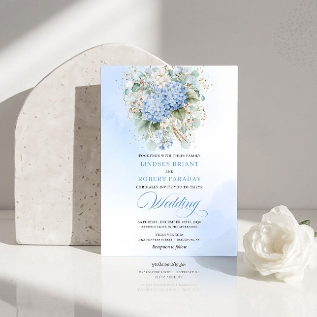 Elegant Pastellblå Hydrangea Bröllopsinbjudan Inbjudningar (Elegant Pastel Blue Hydrangea Wedding Invitation)