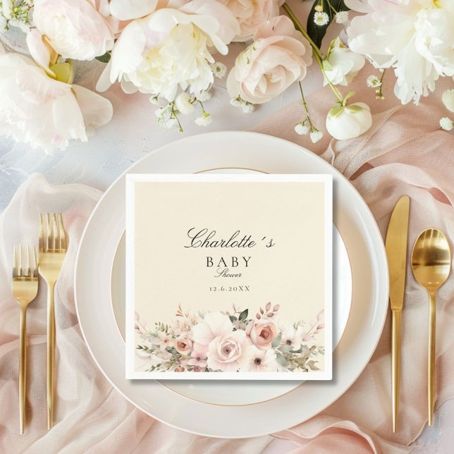 Elegant pastellblombuquet Babyskåda Pappersservett (Elegant pastel flower bouquet Baby Shower Napkins with your name and date.)
