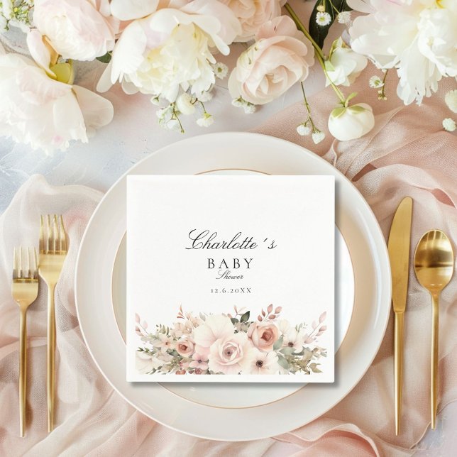 Elegant pastellblombuquet Babyskåda Pappersservett (Elegant pastel flower bouquet Baby Shower Napkins with your name and date.)