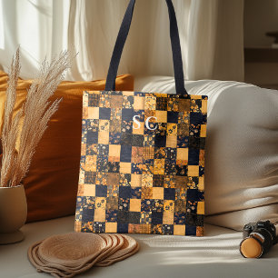 Elegant patchworkväska med blå och beige blommotiv tygkasse