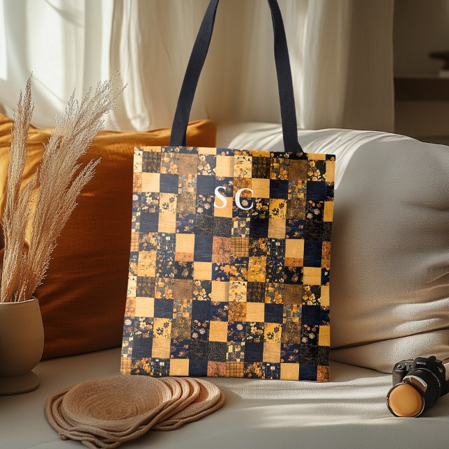 Elegant patchworkväska med blå och beige blommotiv tygkasse (Skapare uppladdad)