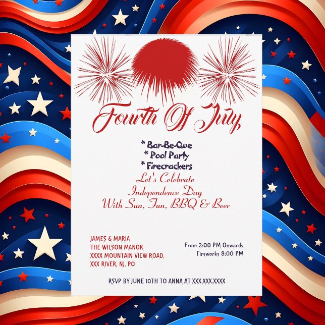Elegant Patriotic 4:e juli Firecrackers BBQ Party Inbjudningar (Elegant Patriotic 4th July Firecrackers BBQ Party Invitation)