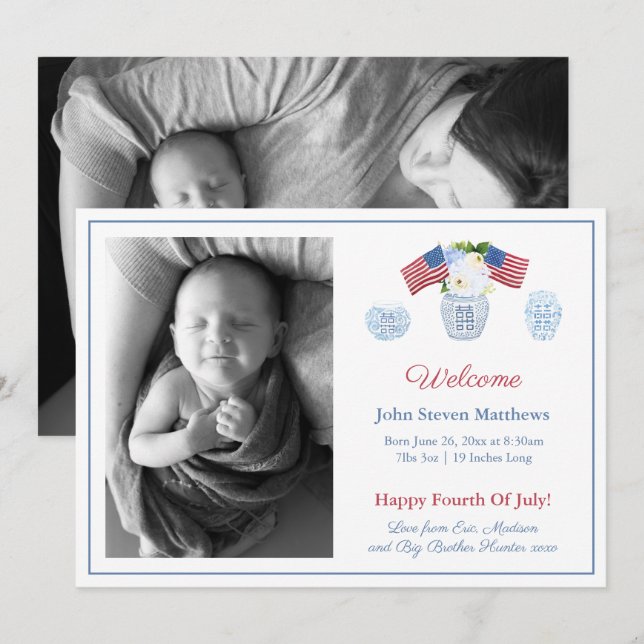 Elegant Patriotic Baby Birth Stats Welcome Bild Meddelande (Fram/baksida)