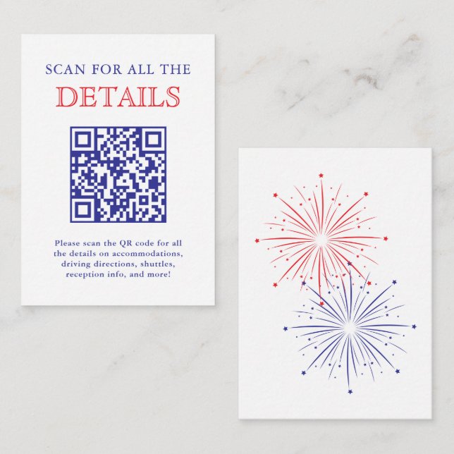 Elegant Patriotic Fireworks Wedding Detail QR Code Tilläggskort (Fram/baksida)