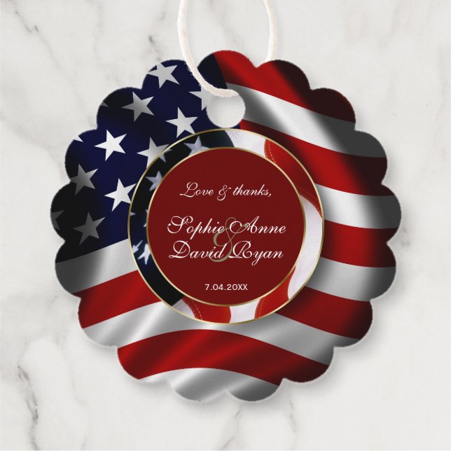 Elegant Patriotic USA flagga Guld Ram Bröllop Gåvor Etiketter (Baksida)