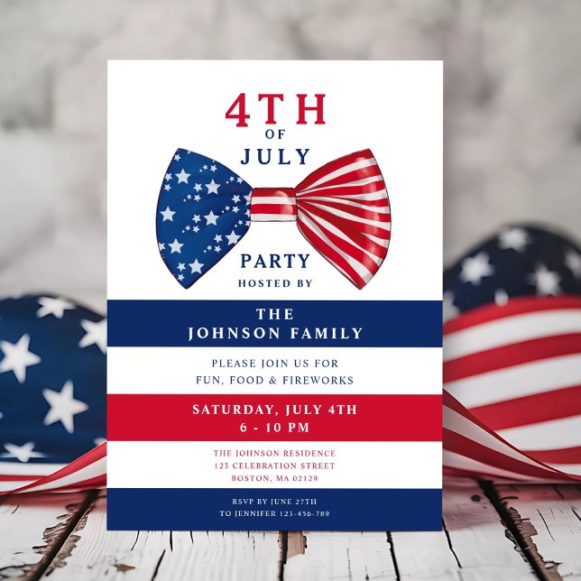 Elegant patriotisk röd vit blå 4:e juli-fest inbjudningar (Elegant Patriotic Red White Blue 4th Of July Party Invitation)
