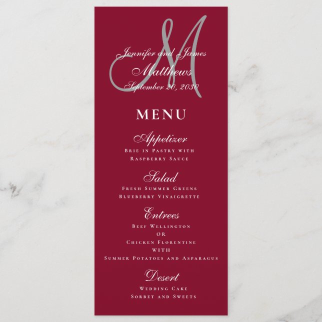 Elegant påverkar Burgundy-skript Monogram Bröllop Meny (Framsida)
