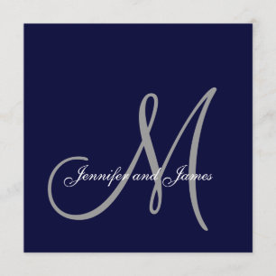 Elegant påverkar marinblått Grått Monogram Bröllop Inbjudningar