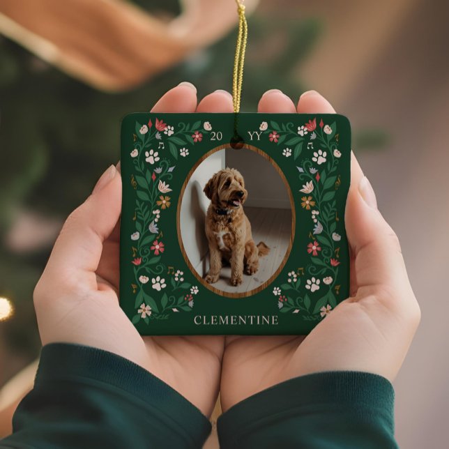 Elegant Paw Print & Blommigt Pet Foton jul Julgransprydnad Keramik (Elegant Paw Print & Floral Pet Photos Christmas Ceramic Ornament)