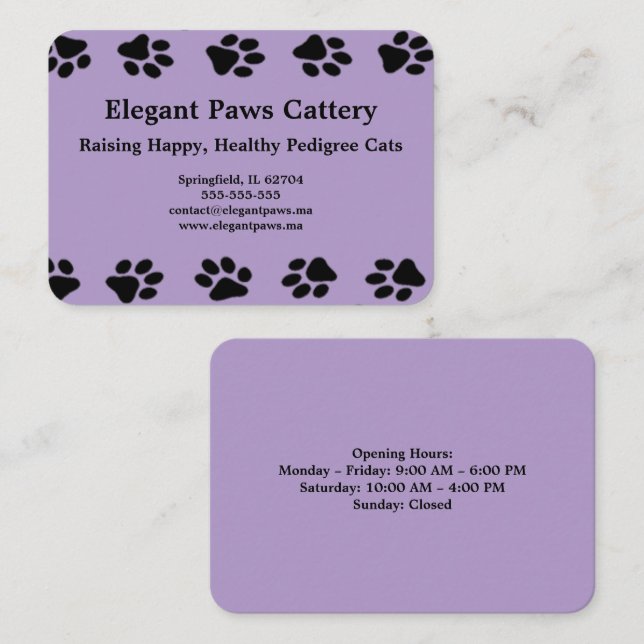 Elegant Paws Cattery Business Card with Paw Print  Visitkort (Fram/baksida)