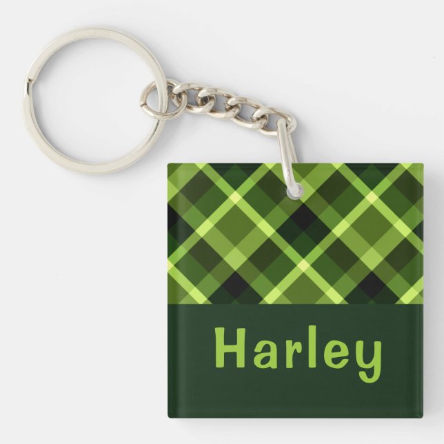 Elegant Pea Grönt Play Monogram Square Keychain (Framsidan)
