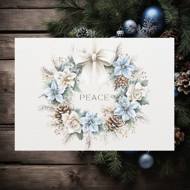 Elegant PeACE Blue Blommigt Pinecones Winter Winte Julkort (Skapare uppladdad)