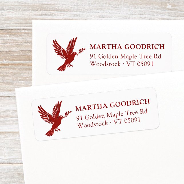 Elegant Peace Dove Red Jul Returadress Etikett (Stylish, elegant Peace Dove Christmas return address label template in burgundy red.)
